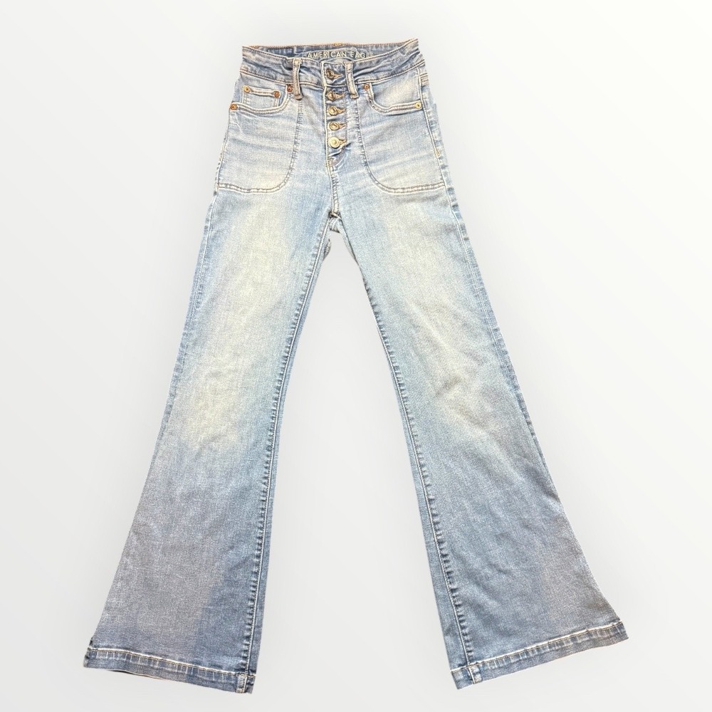 American Eagle Next Level Stretch High Waisted Button Fly Flare Jeans 00 Short